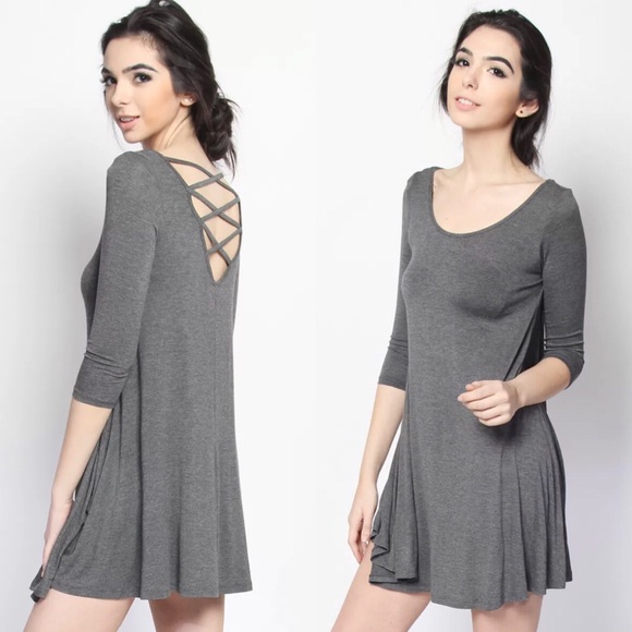 Strappy Open Back 3/4 Sleeve Tunic Dress Heather Grey - Picture 2 of 3